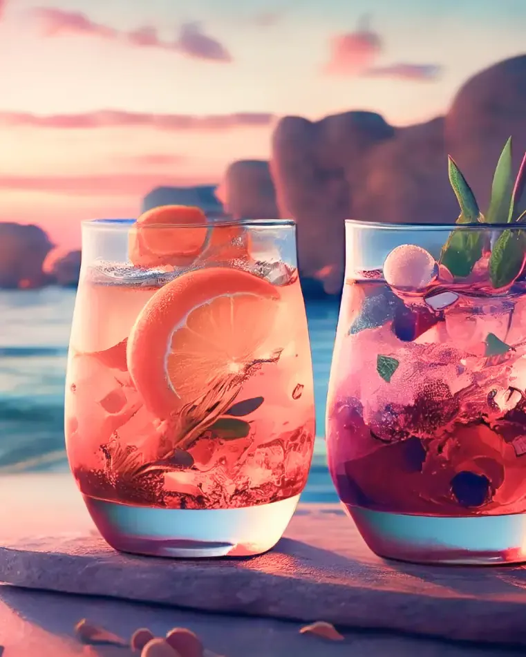 Twee cocktails aan zee bij zonsondergang