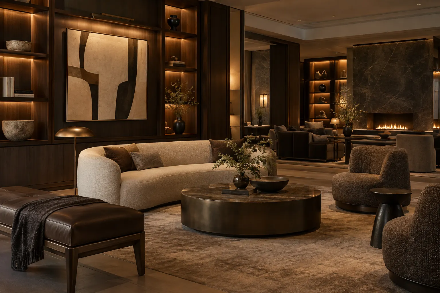 Hotellounge met open haard en zachte avondverlichting
